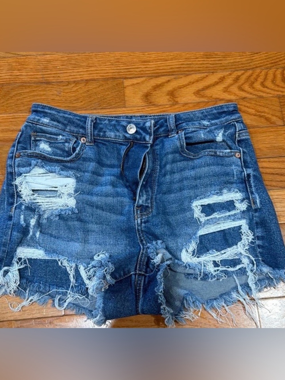 American Eagle Outfitters Distressed Dark Blue High Rise Denim Shorts